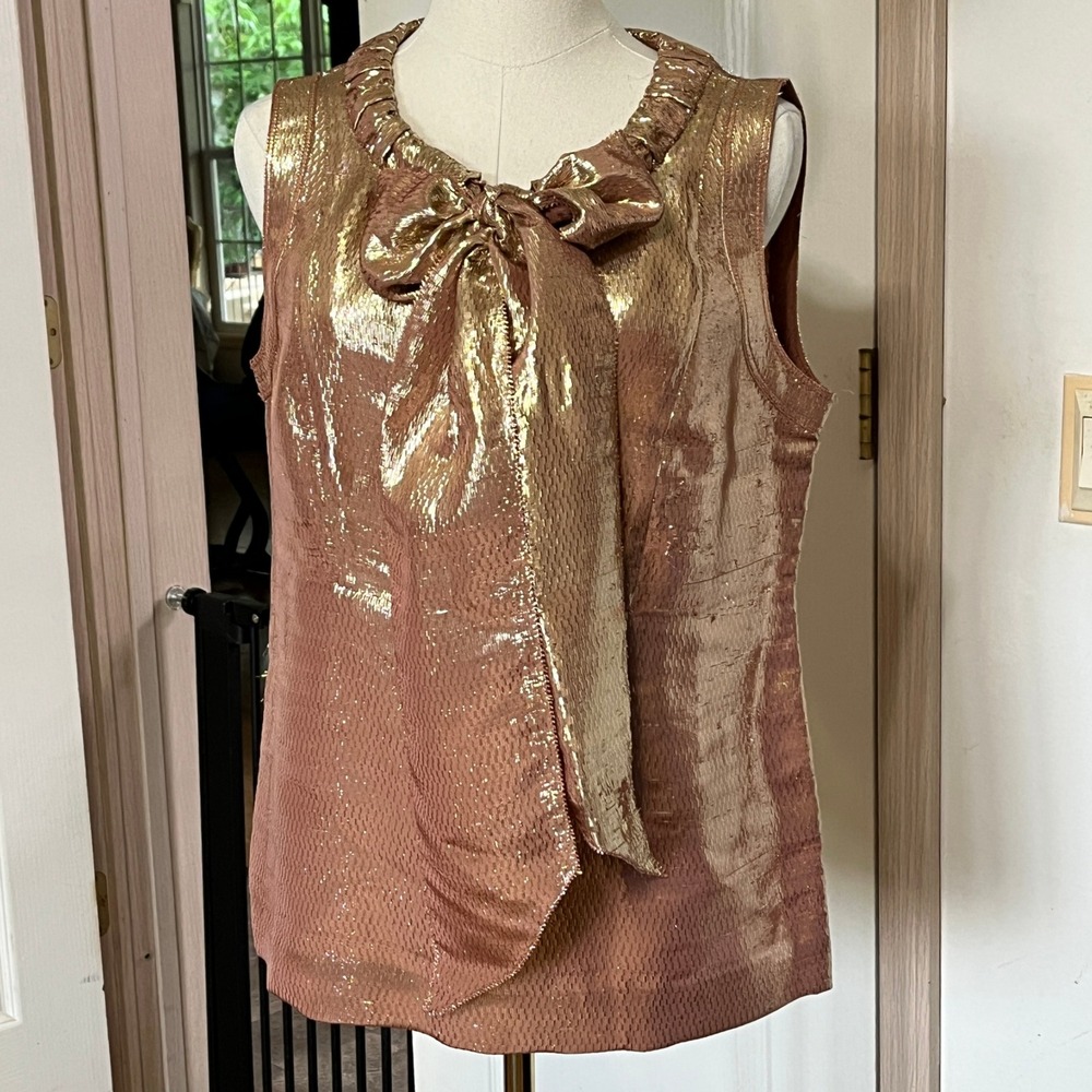 NEW Tory Burch Silk Pedata Metallic Gold Top Bow Neck Sleeveless‎ Blouse 6 Luxe